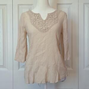 Pink Beige Floral Crochet Lace Blouse Spense Size S Boho Cottagecore Resort Top
